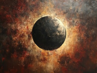 A stunning abstract artwork featuring a dark sphere set against a fiery and textured background, evoking depth and mystery.