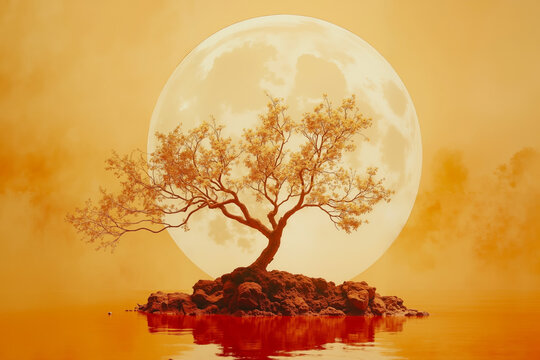 A lone tree sitting on top of a rock in the middle of a body of water