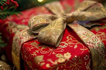 Red Gift Box with Gold Bow, Festive Holiday Decor