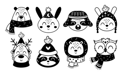 Cute winter animals clipart. Black and white animal faces clipart. Winter characters doodle. Hand draw vector illustration in flat style