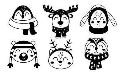 Cute winter animals clipart. Black and white animal faces clipart. Winter characters doodle. Hand draw vector illustration in flat style