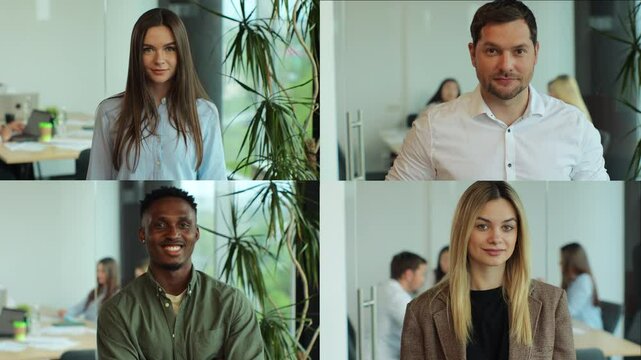 Collage portrait of multiethnic male and female office workers smiling to camera at office. Portrait of happy multiethnic young professionals at workplaces at team meeting.