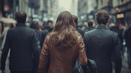 Fototapeta premium Amidst a busy urban backdrop, a group of individuals strolls through a foggy street, enveloped in the hustle and bustle of city life during twilight