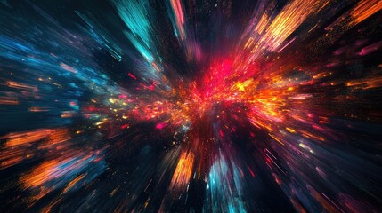 Vivid Cosmic Explosion in Space with Colorful Light Patterns Creating a Dynamic and Energetic Visual Experience of Stars and Galaxies