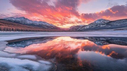 A stunning sunset reflects on a frozen lake, surrounded by mountains and a colorful sky, showcasing the beauty of nature in winter.