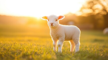A Lamb Standing in a Field at Sunset