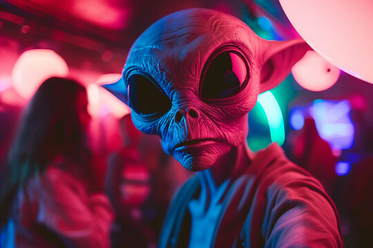 Image of extraterrestrial alien in glowing light night club generative AI