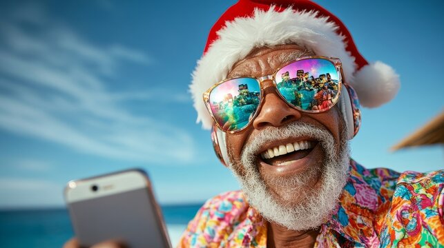Santa's Beach Holiday: A joyful senior man in a Santa hat and sunglasses enjoys a tropical Christmas vacation while taking a selfie with a smartphone. - Powered by Adobe