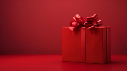 Luxury single red gift box isolated on a red background with copy space, present for Christmas or Valentine's Day.