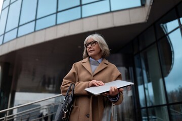 Confident businesswoman with laptop reflects on her work outside modern office building in a...