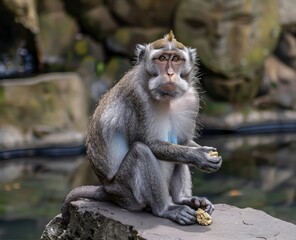 Obraz premium The macaque monkey sits on the stone in Bali