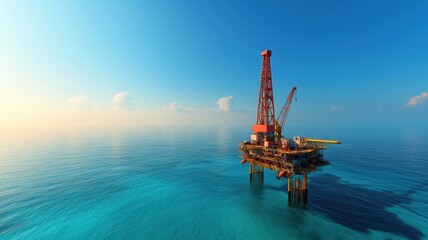 An oil rig stands tall above clear blue waters, surrounded by a serene sky, highlighting the contrast between industry and nature.