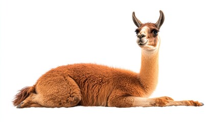 Brown Llama Lying Down on White Background