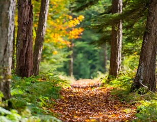 Obraz premium Forest Background with Red Heeler and Autumn Foliage in Emerald Green