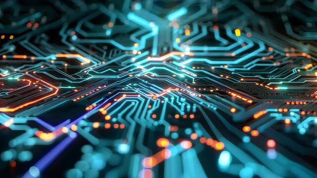 A close-up view of a circuit board, featuring interconnected pathways and glowing electronic components.