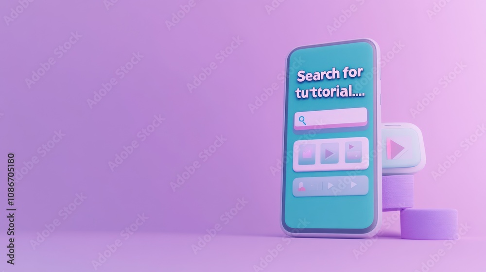 Poster A 3D phone displaying a tutorial search interface on a purple background.