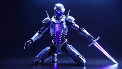 Fototapeta premium A robot that has a transparent body that has blue and purple LED lights. This robot also has a sword.