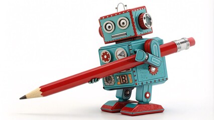 A Retro Robot Toy Teal and Red Steampunk Design with Intricate Gears, Vintage Sci-Fi Charm, and Whimsical Detail V8