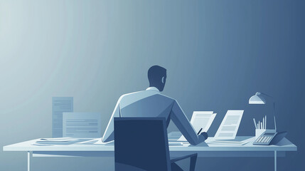 Obraz premium Man working at desk in blue-toned office environment