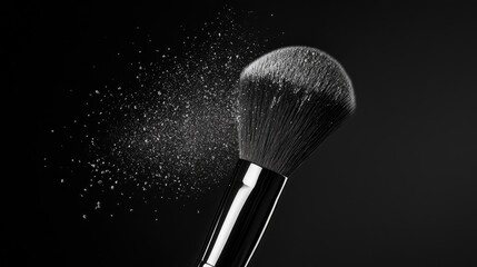 Close-Up of Makeup Brush with Powder Splashing Against Dark Background, Capturing Dynamic Movement and Beauty Elements in Fashion Photography