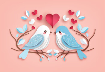 Romantic Love Birds Paper Art Design on Pink Background