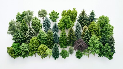 Lush Variety of Green Trees, Foliage, and Shrubs Displayed on a White Background for Natural and Environmental Themes in Photography