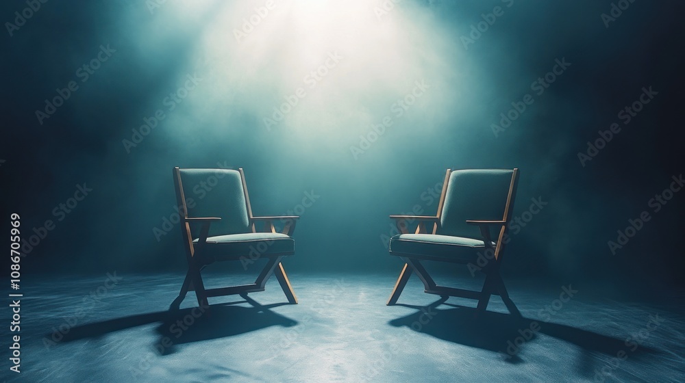 Poster two empty chairs illuminated by a spotlight in a misty atmosphere.