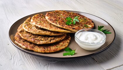 ground Lamb Flatbreads with yogurt, top view