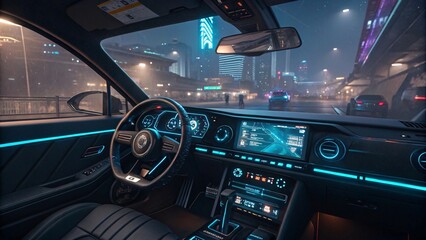 Car Interior with Holographic Displays, Neon Accents, and Cyberpunk Cityscape View&mdash;Advanced Tech and Sleek Design V2