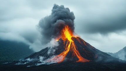 A fiery volcano erupts with lava and smoke billowing into the cloudy sky.