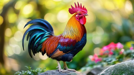 Fototapeta premium Vibrantly Colored Rooster with Bright Feathers Standing Proudly Among Soft Focused Greenery and Colorful Blooming Flowers in a Tranquil Garden Setting