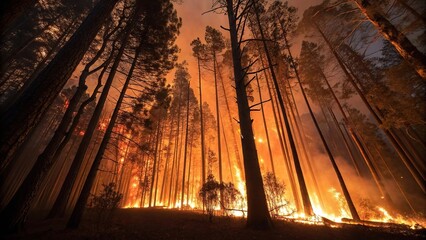 A dense forest with tall trees ablaze from multiple directions, ash cloud, wildfires, forest fire