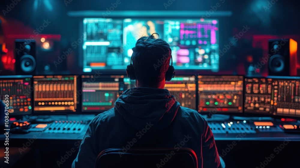 Poster a person wearing headphones operates a complex audio-visual control setup in a dimly lit room.