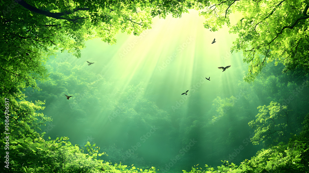 Poster a serene forest scene with vibrant green foliage and sun rays filtering through, creating a peaceful