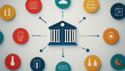 A central icon of a building is surrounded by colorful circles representing various educational and scientific symbols.