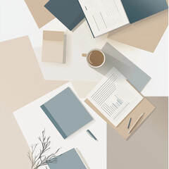 Organized workspace flat lay with books, coffee, and documents