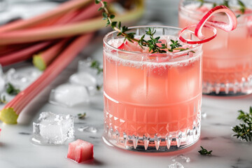 National Rhubard Vodka Day. A refreshing rhubarb cocktail served in crystal glasses, garnished with thyme and rhubarb ribbons, placed on a marble surface with ice cubes.
