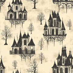 Obraz premium Vintage Gothic haunted manor pattern on vintage beige fabric background, seamless repeating pattern, textile print style, minimal, Gothic design, seamless haunted manor pattern, home decor, textiles