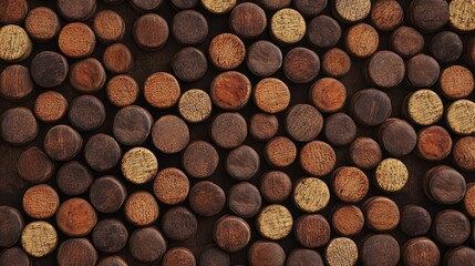 A vibrant mosaic of circular wooden pieces in varying shades of brown and gold, creating a textured and natural surface.