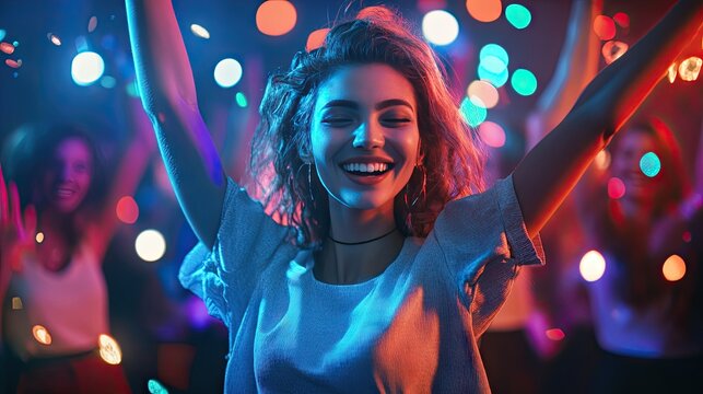 Smiling young woman of mixed ethnicity celebrates joyfully at a vibrant party with colorful lights.