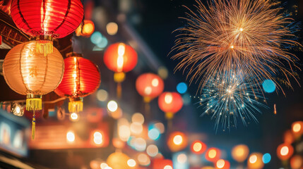 Festive lanterns and fireworks brighten night sky during celebration