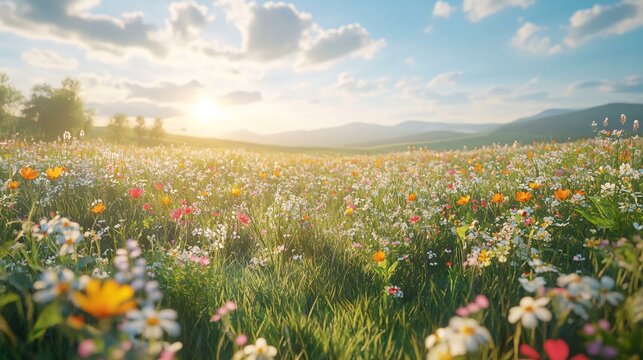 A serene field of vibrant wildflowers in full bloom, with a clear blue sky and soft sunlight casting gentle shadows across the landscape