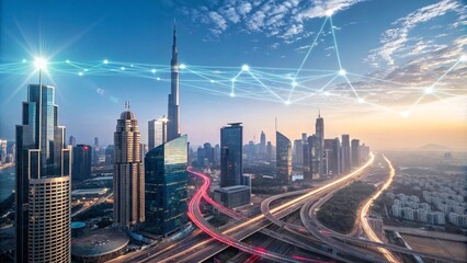 Fototapeta premium Futuristic Dubai Skyline with Glowing Digital Networks, and Dynamic Light Trails at Sunset V18