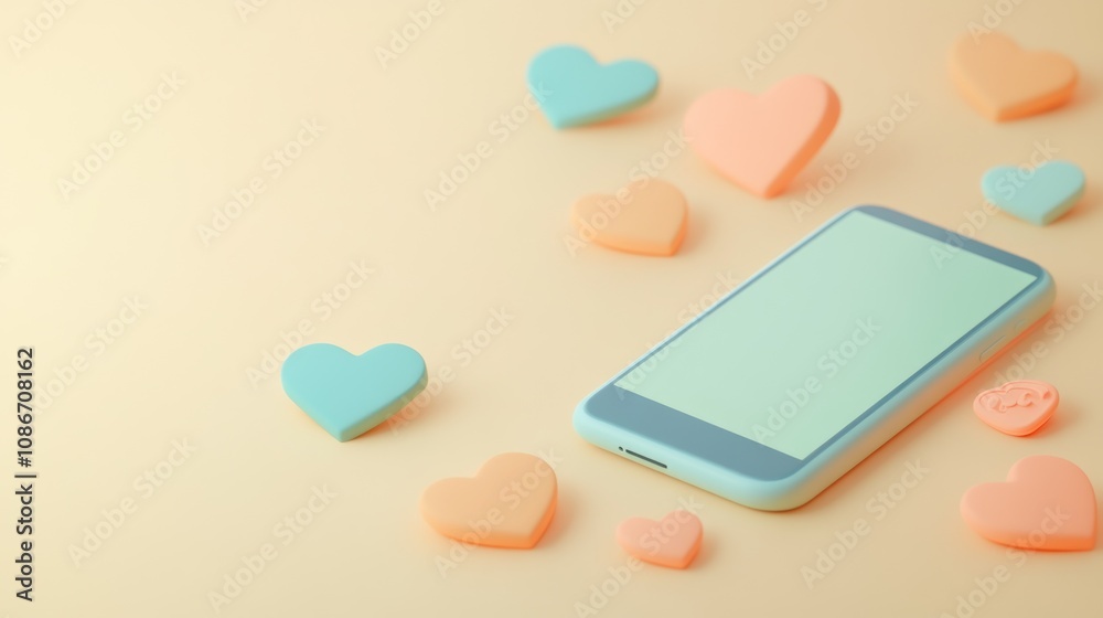 Aufkleber a smartphone surrounded by colorful heart-shaped decorations on a soft background.