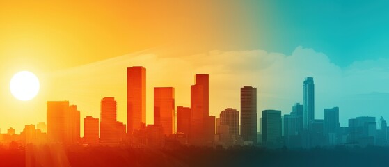 Fototapeta premium A vibrant skyline at sunset, featuring silhouetted buildings against a gradient of orange and teal hues.