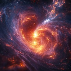 A vibrant cosmic scene depicting swirling orange and blue gases in a galaxy, highlighting the beauty of the universe's dynamic formations.