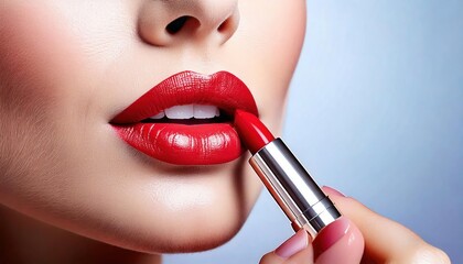  a woman's lips as she applies red lipstick. The image should be in an isolated style with a
