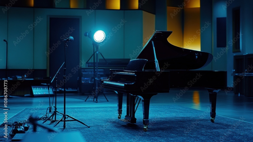 Poster a grand piano and microphone set in a dimly lit music studio for recording.