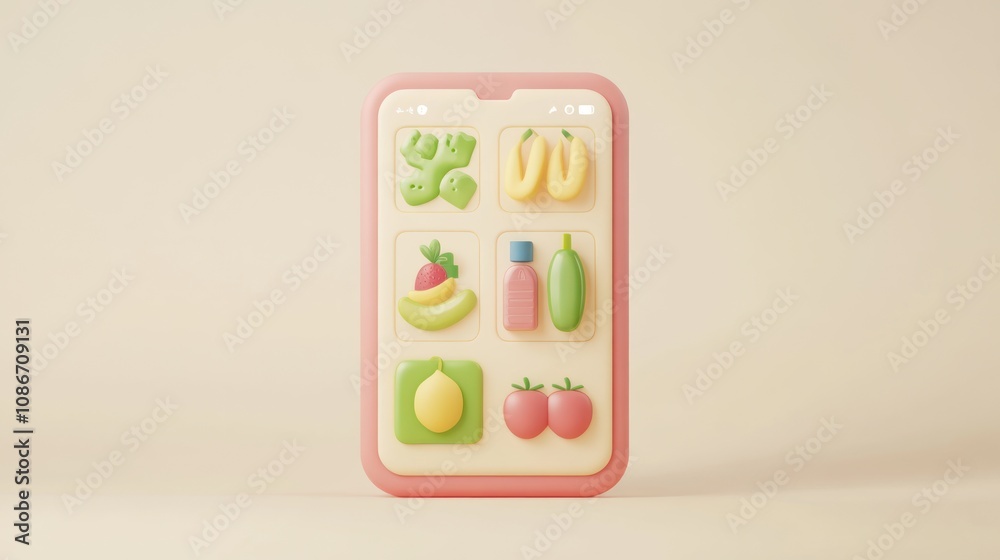 Poster a colorful phone design featuring various fruit and drink icons on its screen.