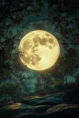 Fototapeta premium A full moon in the night sky over a forest with trees and rocks